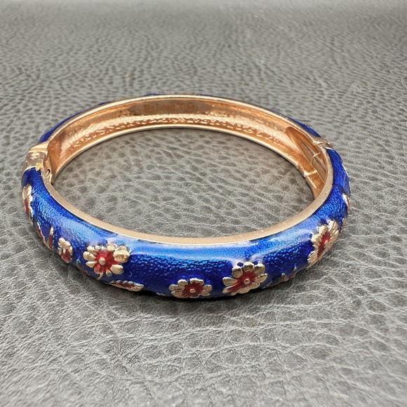Jiu Long Xing Enamel Floral Bangle Bracelet Blue Gold Tone Hinged Clasp 7 Inch - Picture 4 of 14